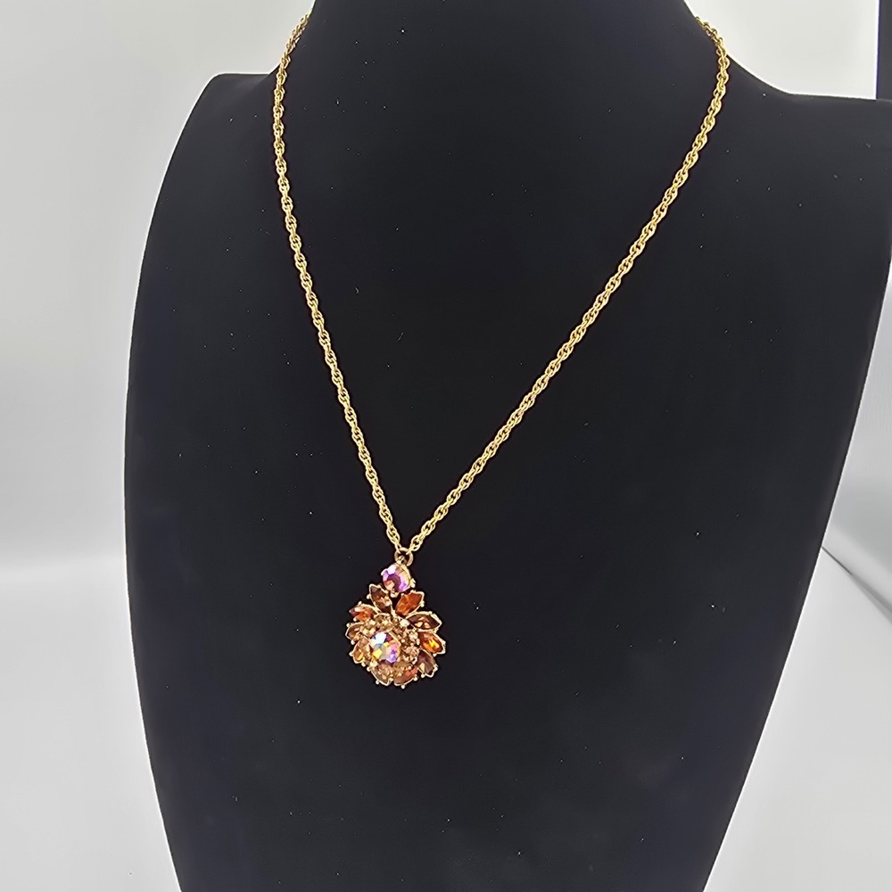 Vintage Trifari Necklace AB Rhinestones Gold Tone Amber Brown - Picture 6 of 12